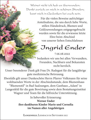 Traueranzeige von Ingrid Ender von Südthüringer Presse