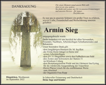 Traueranzeige von Armin Sieg von Südthüringer Presse
