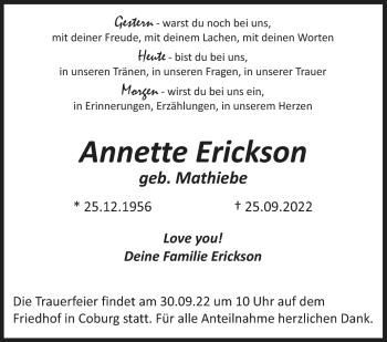 Traueranzeige von Annette Erickson von Neue Presse Coburg