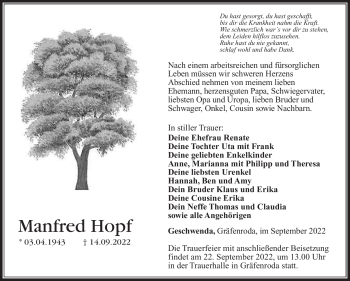 Traueranzeige von Manfred Hopf von Südthüringer Presse