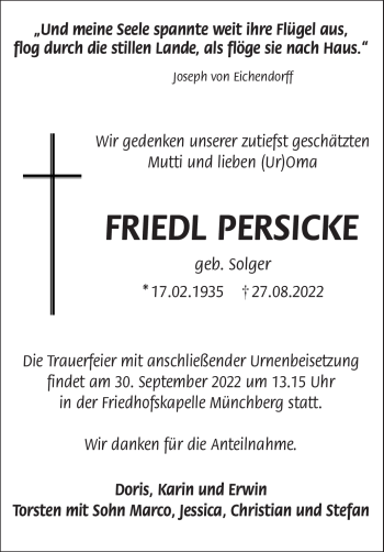 Traueranzeige von Friedl Persicke von Frankenpost