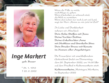 Traueranzeige von Inge Markert von Südthüringer Presse