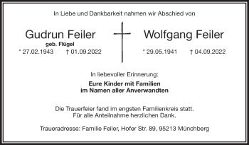 Traueranzeige von WolfgangGudrun FeilerFeiler von Frankenpost
