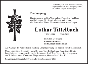 Traueranzeige von Lothar Tittelbach von Südthüringer Presse