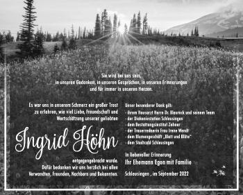 Traueranzeige von Ingrid Höhn von Südthüringer Presse