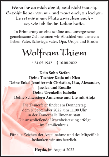 Traueranzeige von Wolfram Thiem von Südthüringer Presse