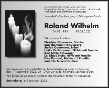 Traueranzeige von Roland Wilhelm von Südthüringer Presse