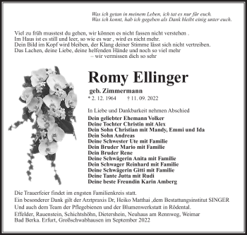 Traueranzeige von Romy Ellinger von Südthüringer Presse