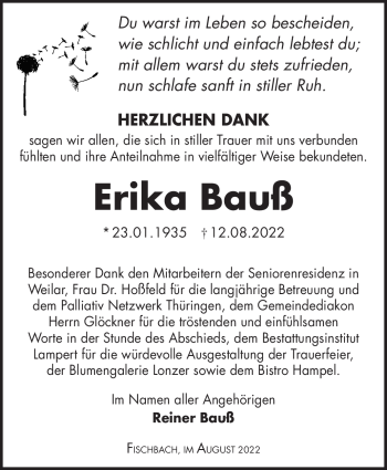 Traueranzeige von Erika Bauß von Südthüringer Presse