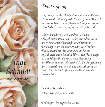 Traueranzeige von Inge Schmidt von Südthüringer Presse
