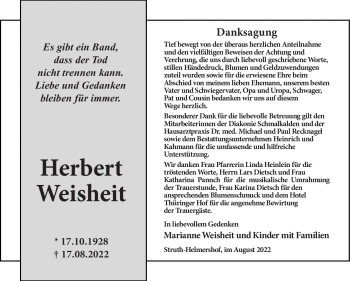 Traueranzeige von Herbert Weisheit von Südthüringer Presse