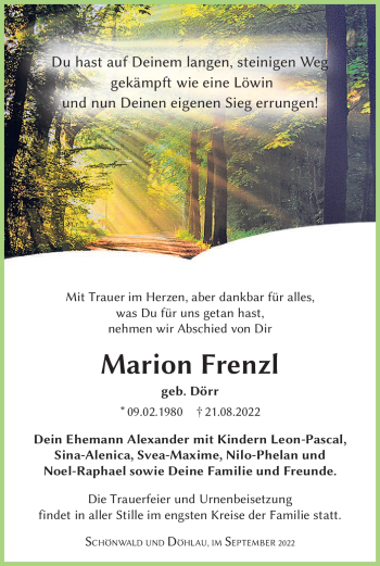Traueranzeige von Marion Frenzl von Frankenpost
