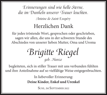 Traueranzeige von Brigitte Riegel von Südthüringer Presse