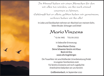 Traueranzeige von Mario Vinzens von Südthüringer Presse