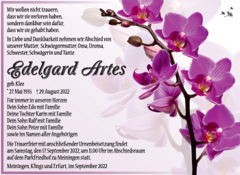 Traueranzeige von Edelgard Artes von Südthüringer Presse
