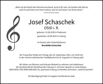 Traueranzeige von Josef Schaschek von Neue Presse Coburg