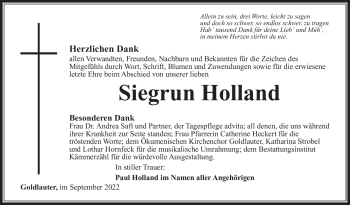 Traueranzeige von Siegrun Holland von Südthüringer Presse