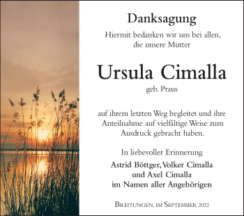 Traueranzeige von Ursula Cimalla von Südthüringer Presse