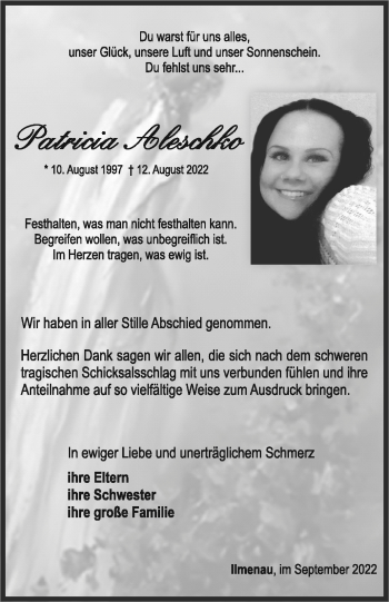 Traueranzeige von Patricia Aleschko von Südthüringer Presse