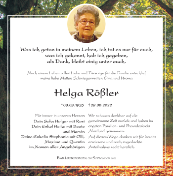 Traueranzeige von Helga Rößler von Südthüringer Presse