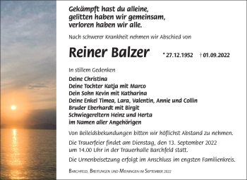 Traueranzeige von Reiner Balzer von Südthüringer Presse