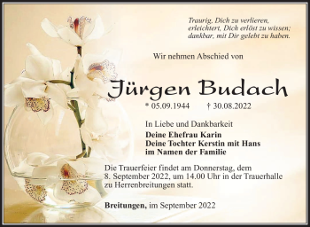 Traueranzeige von Jürgen Budach von Südthüringer Presse