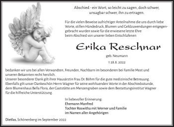 Traueranzeige von Erika Reschnar von Südthüringer Presse