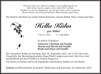 Traueranzeige von Hella Kühn von Südthüringer Presse