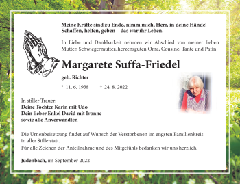 Traueranzeige von Margarete Suffa-Friedel von Südthüringer Presse