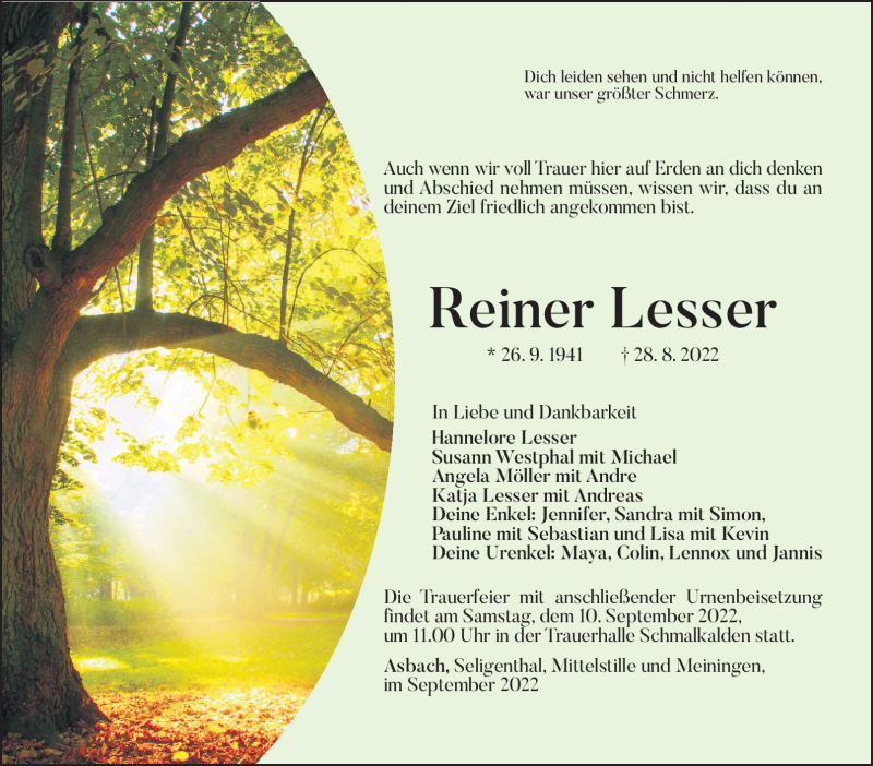  Traueranzeige für Reiner Lesser vom 03.09.2022 aus Südthüringer Presse