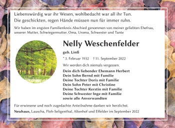 Traueranzeige von Nelly Weschenfelder von Südthüringer Presse