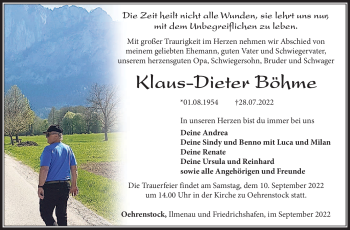 Traueranzeige von Klaus-Dieter Böhme von Südthüringer Presse