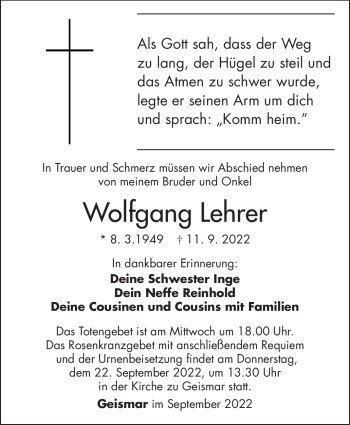 Traueranzeige von Wolfgang Lehrer von Südthüringer Presse