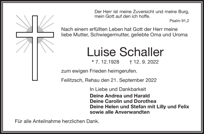  Traueranzeige für Luise Schaller vom 21.09.2022 aus Frankenpost