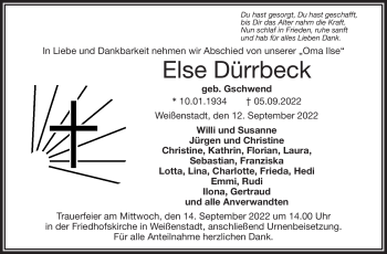 Traueranzeige von Else Dürrbeck von Frankenpost