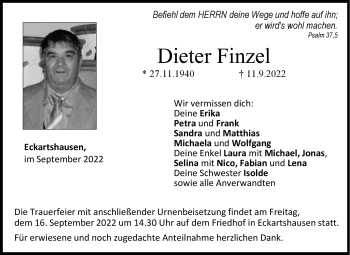 Traueranzeige von Dieter Finzel von Neue Presse Coburg