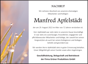 Traueranzeige von Manfred Apfelstädt von Südthüringer Presse