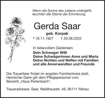 Traueranzeige von Gerda Saar von Frankenpost
