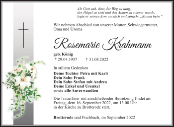 Traueranzeige von Rosemarie Krahmann von Südthüringer Presse