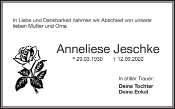 Traueranzeige von Anneliese Jeschke von Frankenpost