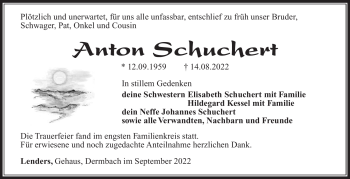 Traueranzeige von Anton Schuchert von Südthüringer Presse