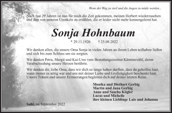 Traueranzeige von Sonha Hohnbaum von Südthüringer Presse