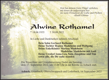 Traueranzeige von Alwine Rothamel von Südthüringer Presse
