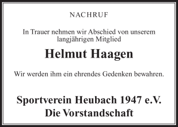 Traueranzeige von Helmut Haage von Neue Presse Coburg