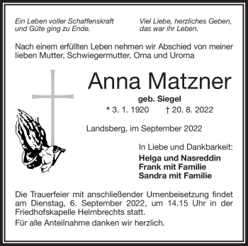 Traueranzeige von Anna Matzner von Frankenpost
