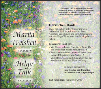 Traueranzeige von MaritaHelga FalkWeisheit von Südthüringer Presse