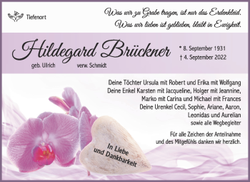 Traueranzeige von Hildegard Brückner von Südthüringer Presse