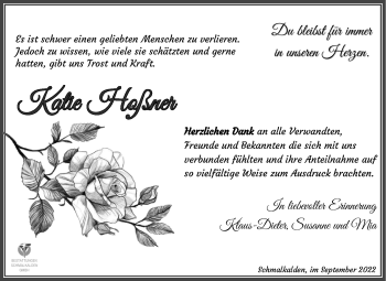 Traueranzeige von Katie Hoßner von Südthüringer Presse
