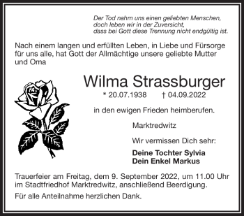 Traueranzeige von Wilma Strassburger von Frankenpost