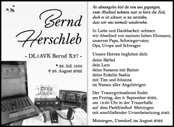 Traueranzeige von Bernd Herschleb von Südthüringer Presse
